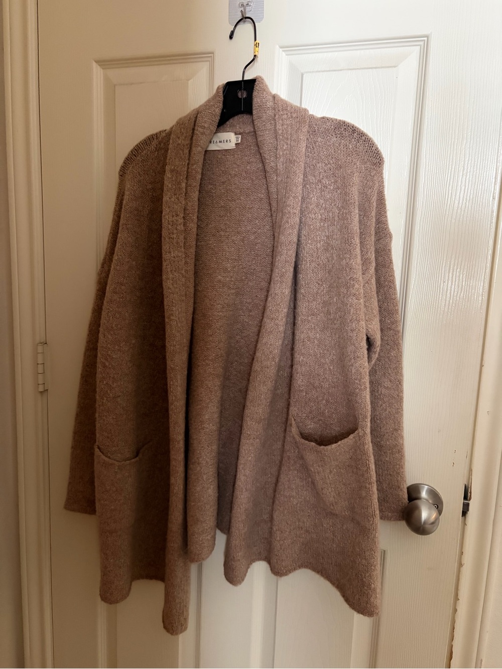 EILEEN FISHER Taupe Open-Front Pocket Cardigan Sweater